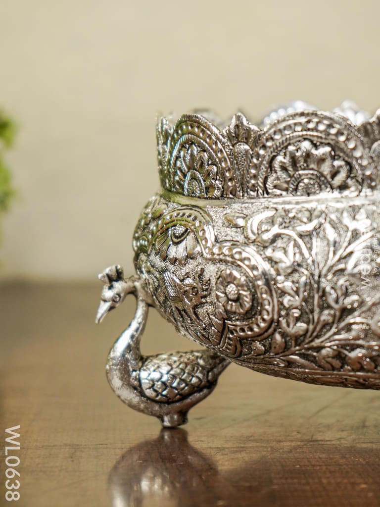 German Silver Antique Urli With Peacock Stand - 8 Inch Wl0638