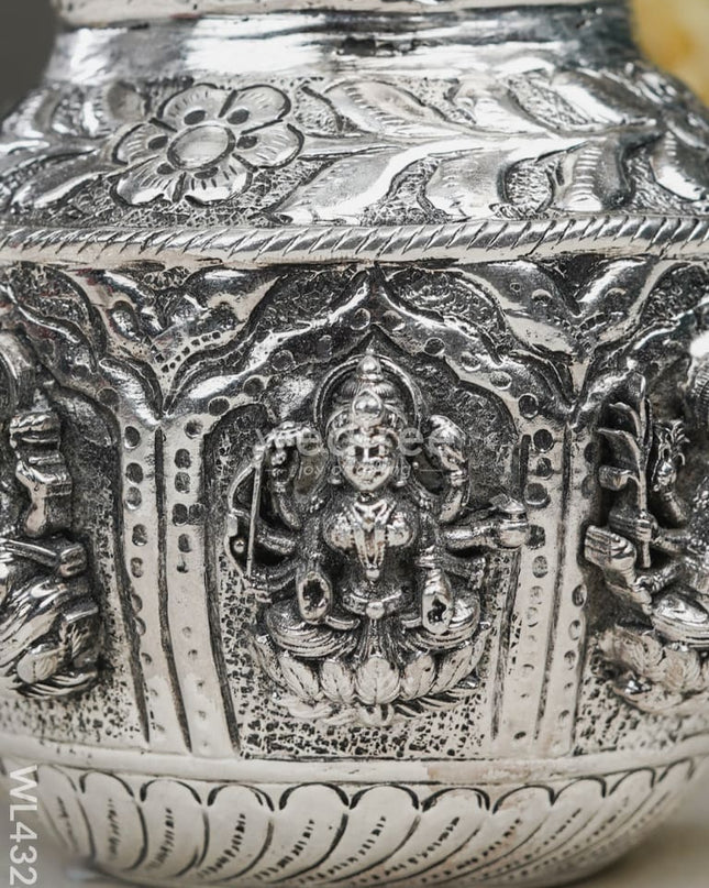 German Silver Astalakshmi Floral Kalash With Antique Finish - Wl4328 Pooja Utility