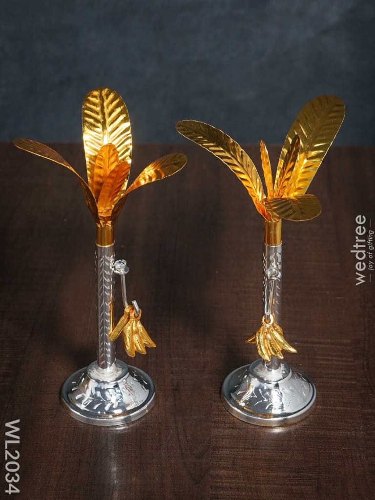German Silver Banana Tree With Gold Leaves Small (Set Of 2) - Wl2034 Pooja Utility