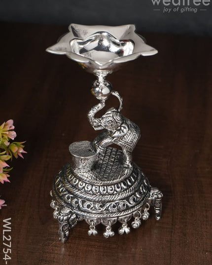 German Silver Decorative Elephant 5 Face Diya With Bells - Wl2754 Diyas