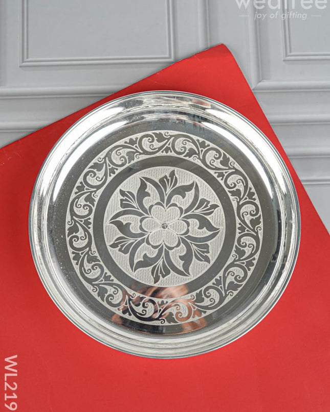 German Silver Engraved plate - 8 inch - WL2196 - German Silver Pooja Utility