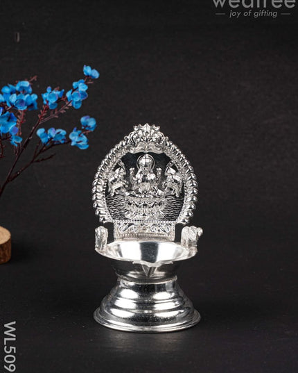 German Silver Gajalakshmi Diya with Elephants - WL5092 German Silver Pooja Utility