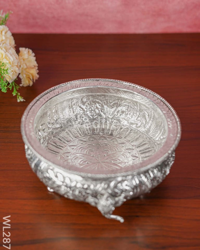 German Silver Antique Ganesha Floral Urli With Stand - 10 Inch Wl2876