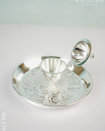 German Silver Kumkum Dibbi with Plate - WL5791 - German Silver Pooja Utility