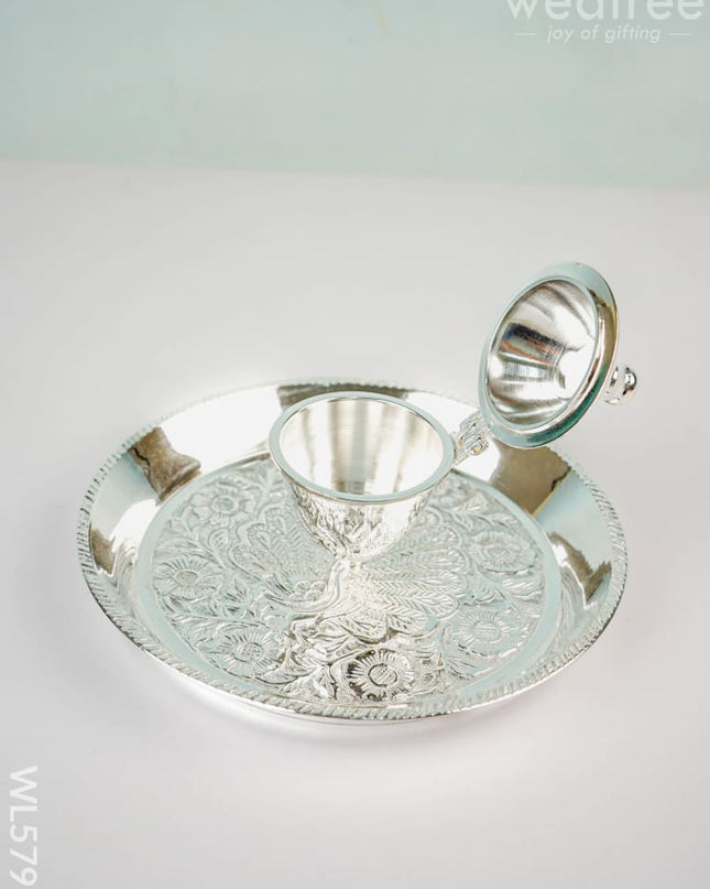 German Silver Kumkum Dibbi with Plate - WL5791 - German Silver Pooja Utility