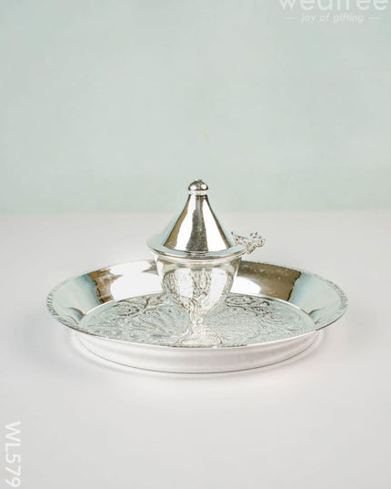 German Silver Kumkum Dibbi with Plate - WL5791 - German Silver Pooja Utility