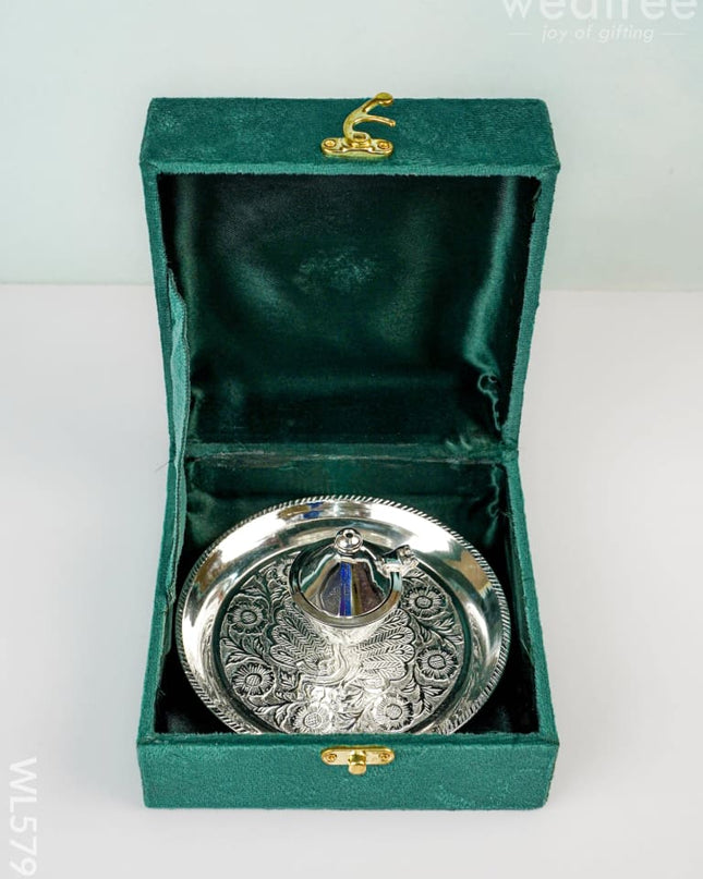 German Silver Kumkum Dibbi with Plate - WL5791 - German Silver Pooja Utility
