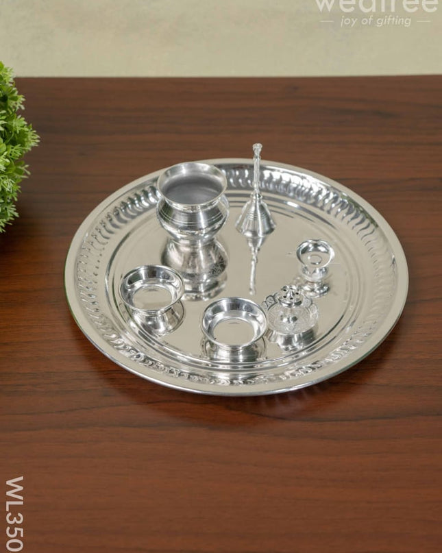 German Silver Lakshmi Ganesha Thali - Set Of 7 Wl3503 Pooja Utility