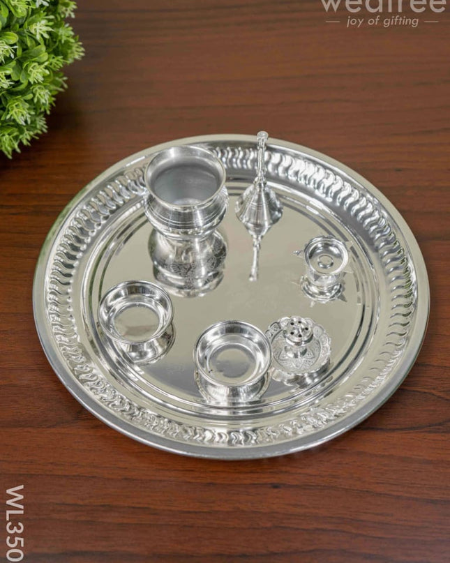 German Silver Lakshmi Ganesha Thali - Set Of 7 Wl3503 Pooja Utility