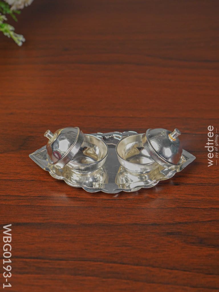 German Silver Leaf Shaped Double Kumkum Holder - Wbg0193 Holders