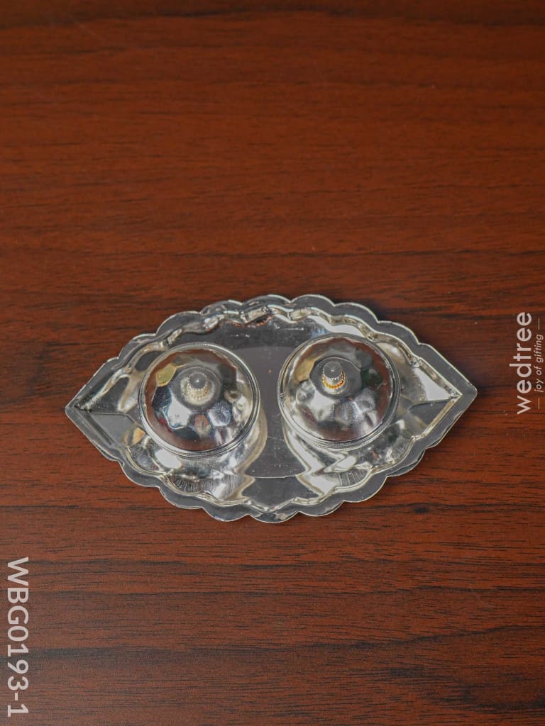 German Silver Leaf Shaped Double Kumkum Holder - Wbg0193 5 Inch Holders