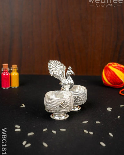 German Silver Peacock 2 Cup Kumkum - 3 inch - WBG1813 - German Silver Kumkum Holder - RG