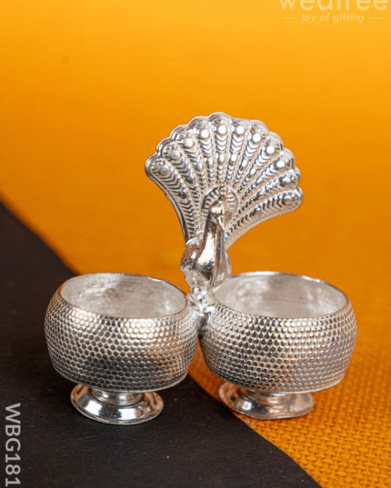 German Silver Peacock 2 Cup Kumkum - 3 inch - WBG1813 - German Silver Kumkum Holder - RG