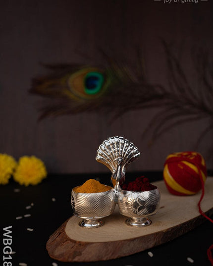 German Silver Peacock 2 Cup Kumkum - 3 inch - WBG1813 - German Silver Kumkum Holder - RG