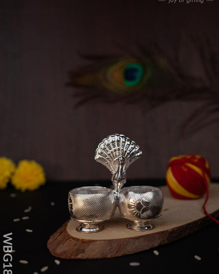 German Silver Peacock 2 Cup Kumkum - 3 inch - WBG1813 - German Silver Kumkum Holder - RG
