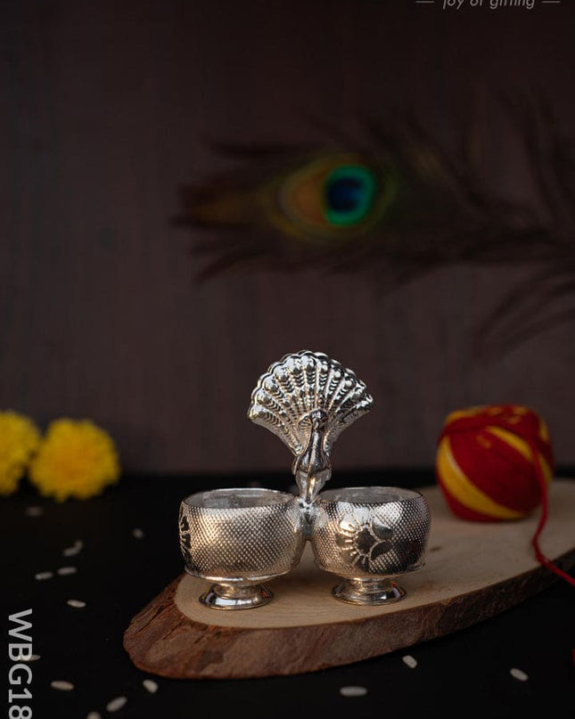 German Silver Peacock 2 Cup Kumkum - 3 inch - WBG1813 - German Silver Kumkum Holder - RG