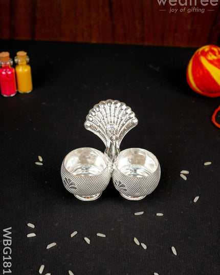 German Silver Peacock 2 Cup Kumkum - 3 inch - WBG1813 - German Silver Kumkum Holder - RG