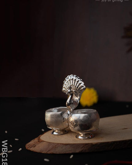 German Silver Peacock 2 Cup Kumkum - 3 inch - WBG1813 - German Silver Kumkum Holder - RG