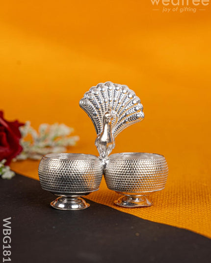 German Silver Peacock 2 Cup Kumkum - 3 inch - WBG1813 - German Silver Kumkum Holder - RG