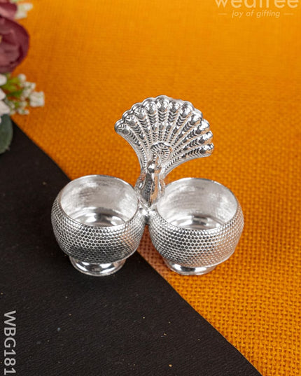 German Silver Peacock 2 Cup Kumkum - 3 inch - WBG1813 - German Silver Kumkum Holder - RG