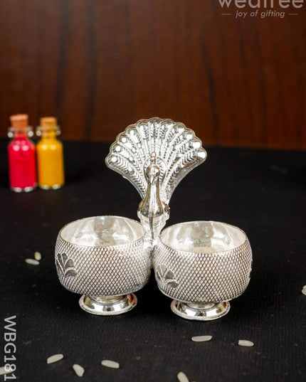 German Silver Peacock 2 Cup Kumkum - 3 inch - WBG1813 - German Silver Kumkum Holder - RG