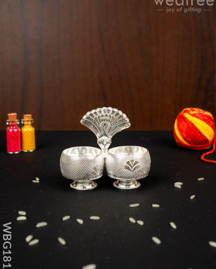 German Silver Peacock 2 Cup Kumkum - 3 inch - WBG1813 - German Silver Kumkum Holder - RG