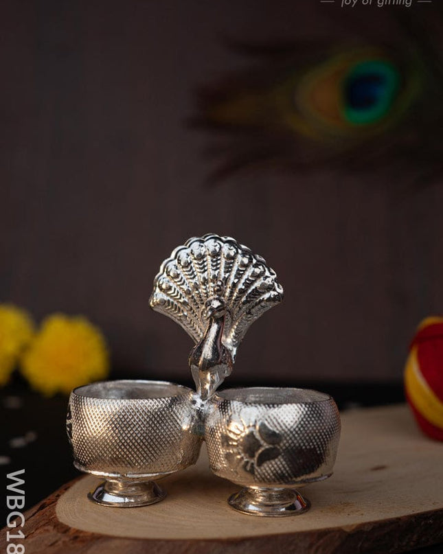 German Silver Peacock 2 Cup Kumkum - 3 inch - WBG1813 - German Silver Kumkum Holder - RG