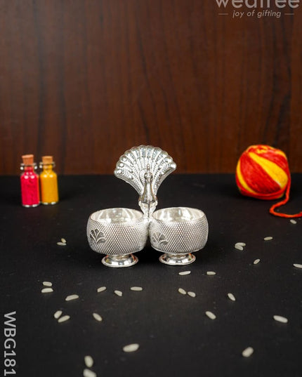 German Silver Peacock 2 Cup Kumkum - 3 inch - WBG1813 - German Silver Kumkum Holder - RG
