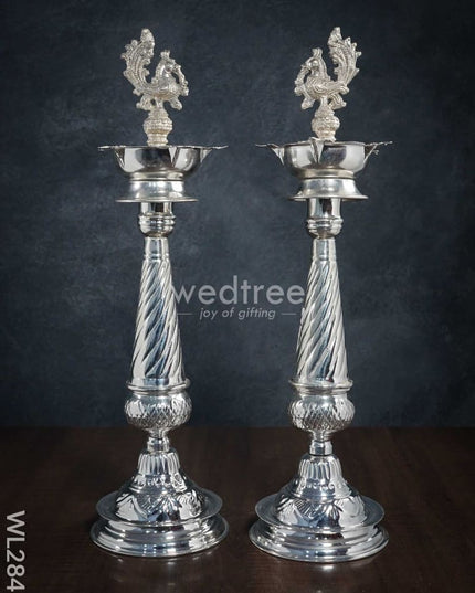 German Silver Peacock 5 Face Kuthu Vilaku - 17 Inch Set Of 2 Wl2845 Diyas