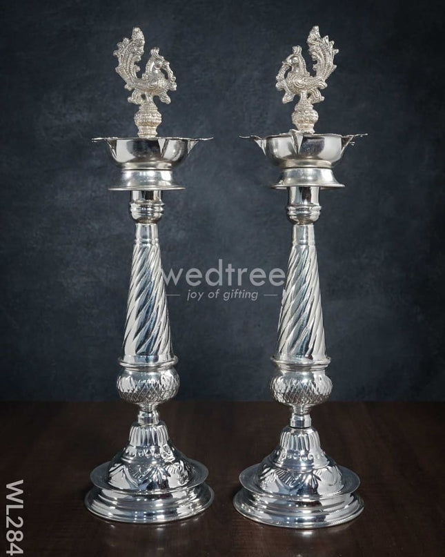 German Silver Peacock 5 Face Kuthu Vilaku - 17 Inch Set Of 2 Wl2845 Diyas