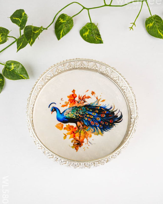 German Silver Peacock Design Tray - 6 inch - WL5807 - German Silver Pooja Utility