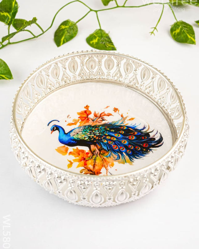 German Silver Peacock Design Tray - 6 inch - WL5807 - German Silver Pooja Utility