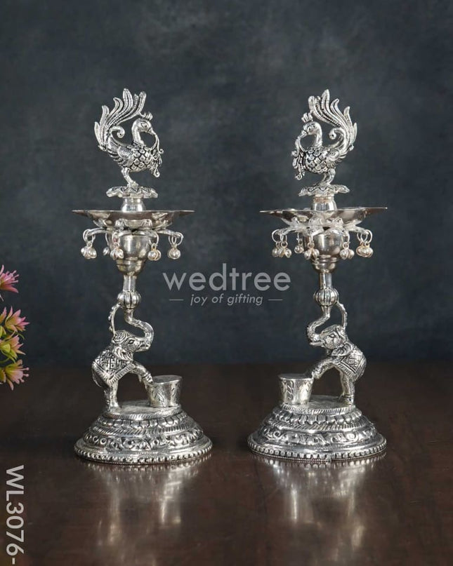 German Silver Peacock With Elephant 5 Face Diya - Set Of 2 Wl3076 1 Diyas