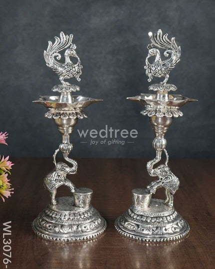 German Silver Peacock With Elephant 5 Face Diya - Set Of 2 Wl3076 3 Diyas