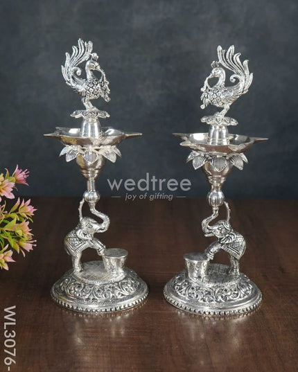 German Silver Peacock With Elephant 5 Face Diya - Set Of 2 Wl3076 Diyas
