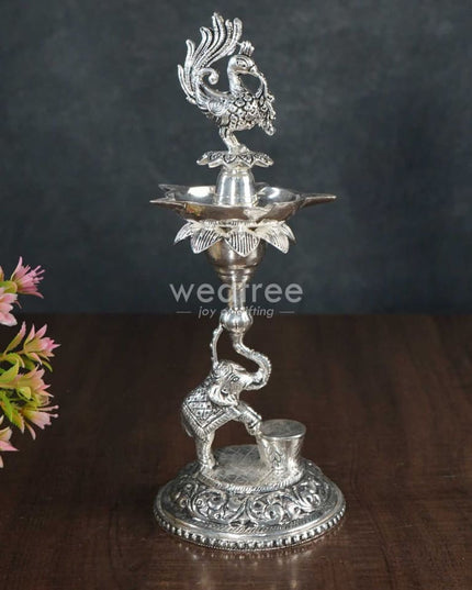 German Silver Peacock With Elephant 5 Face Diya - Set Of 2 Wl3076 Diyas