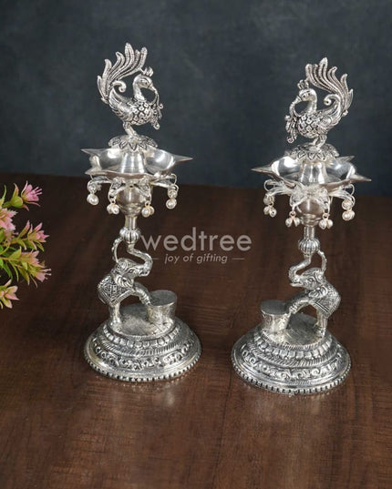 German Silver Peacock With Elephant 5 Face Diya - Set Of 2 Wl3076 Diyas