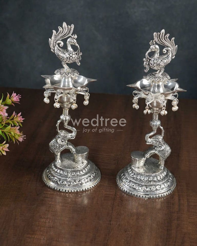 German Silver Peacock With Elephant 5 Face Diya - Set Of 2 Wl3076 Diyas
