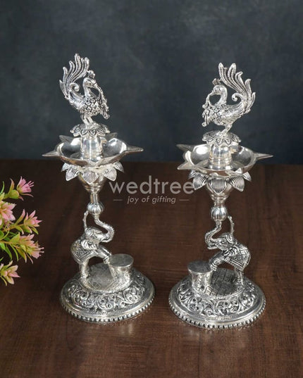 German Silver Peacock With Elephant 5 Face Diya - Set Of 2 Wl3076 Diyas