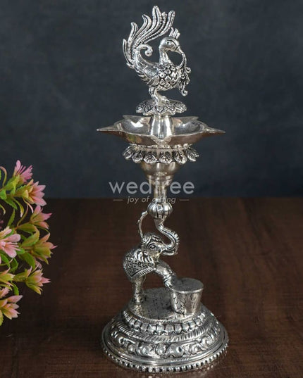 German Silver Peacock With Elephant 5 Face Diya - Set Of 2 Wl3076 Diyas