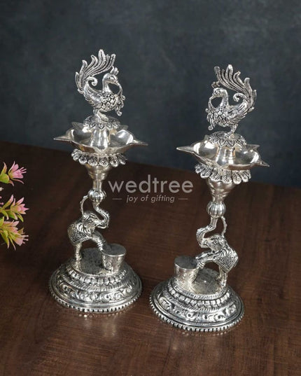 German Silver Peacock With Elephant 5 Face Diya - Set Of 2 Wl3076 Diyas