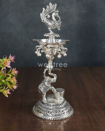 German Silver Peacock With Elephant 5 Face Diya - Set Of 2 Wl3076 Diyas