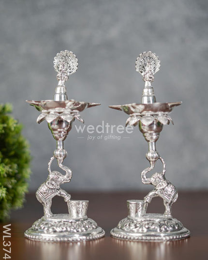 German Silver Peacock With Elephant 5 Face Diya - Set Of 2 Wl3746 Diyas