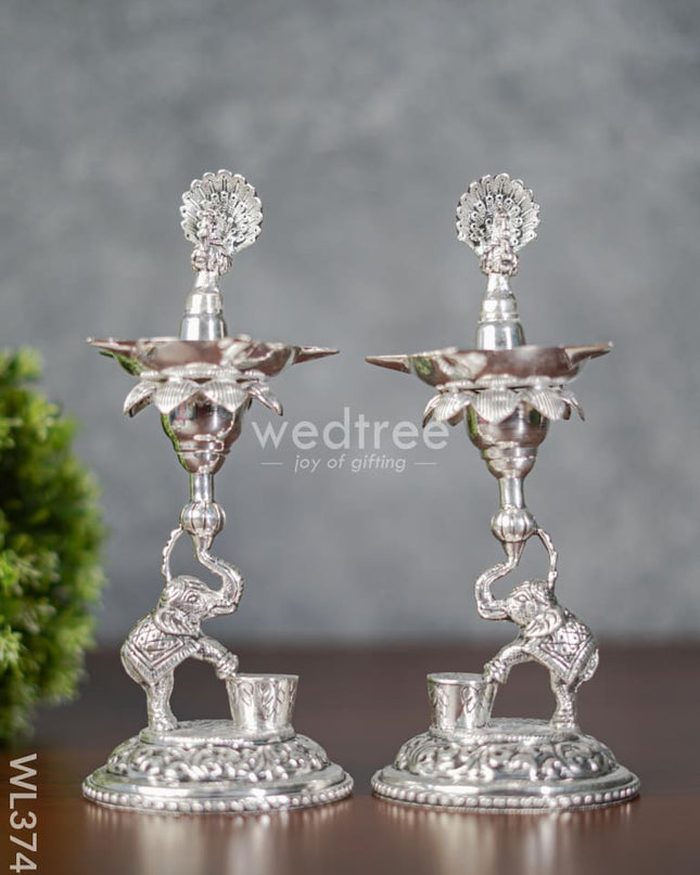 German Silver Peacock With Elephant 5 Face Diya - Set Of 2 Wl3746 Diyas