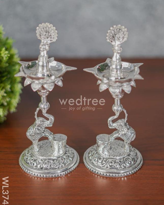 German Silver Peacock With Elephant 5 Face Diya - Set Of 2 Wl3746 Diyas