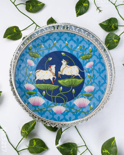 German Silver Pichwai Tray - Blue - 8 inch - WL5217-1 - German Silver Pooja Utility