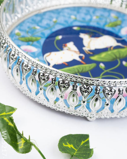 German Silver Pichwai Tray - Blue - 8 inch - WL5217-1 - German Silver Pooja Utility