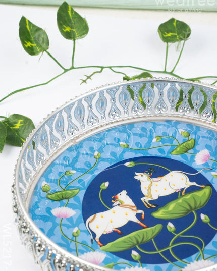 German Silver Pichwai Tray - Blue - 8 inch - WL5217-1 - German Silver Pooja Utility