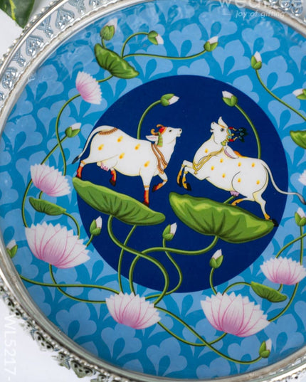German Silver Pichwai Tray - Blue - 8 inch - WL5217-1 - German Silver Pooja Utility