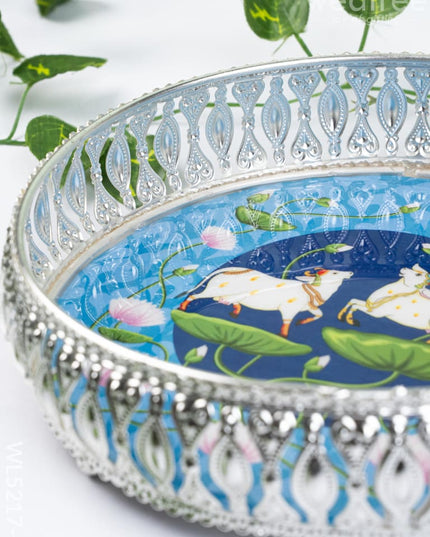 German Silver Pichwai Tray - Blue - 8 inch - WL5217-1 - German Silver Pooja Utility